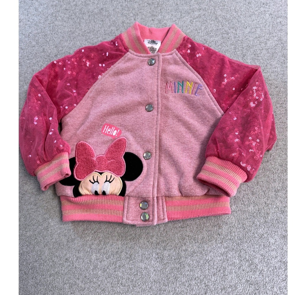 Disney Varsity Jacket Kids Size 2 Pink Minnie Mouse Sequin Sleeve Bomber